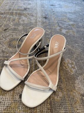 Zara White Strappy Square-Toe Heeled Sandals